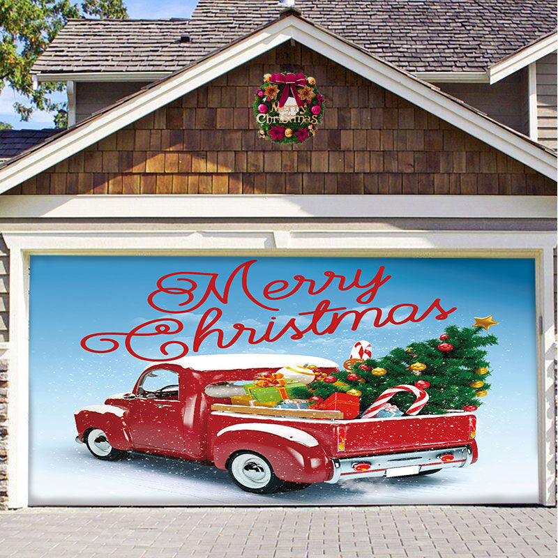 Christmas garage door cover, Red Truck Script design