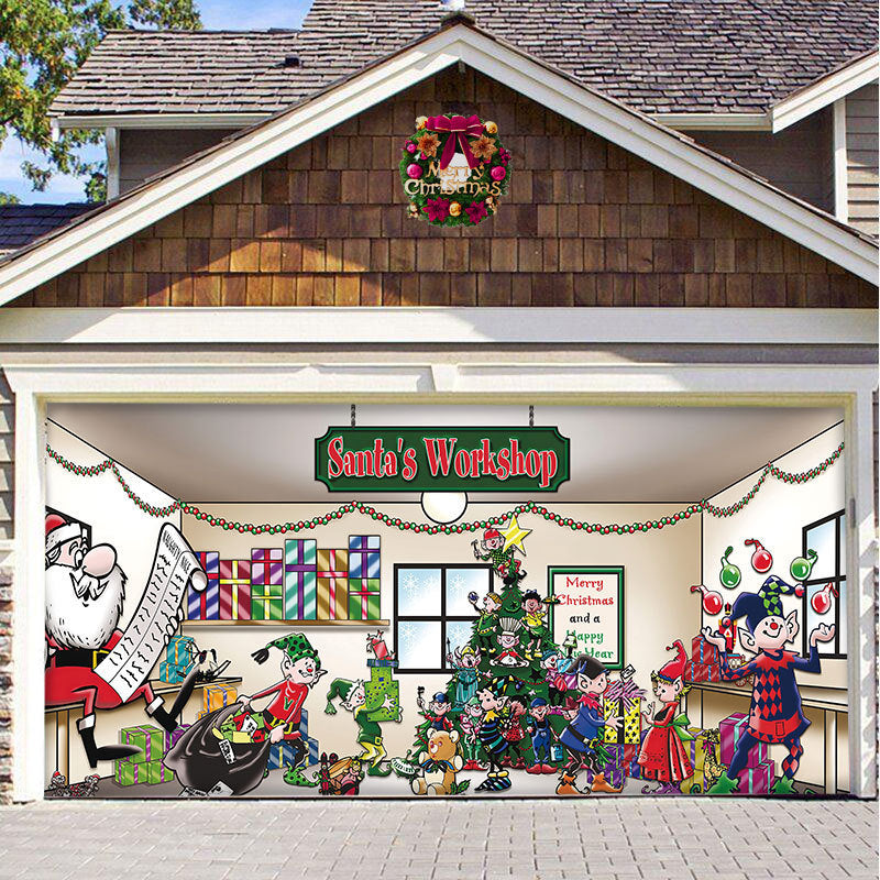 Christmas garage door cover, Santa's Workshop design