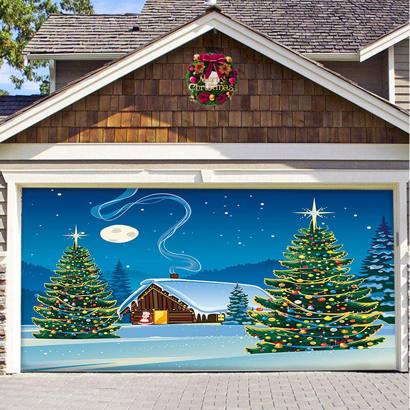Christmas garage door cover, Snowy Cabin design