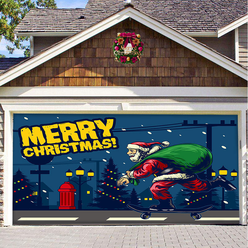 Christmas garage door cover, Skateboard Santa design
